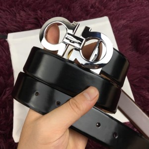 Silver Ferragamo shiny black leather belt ASS02161